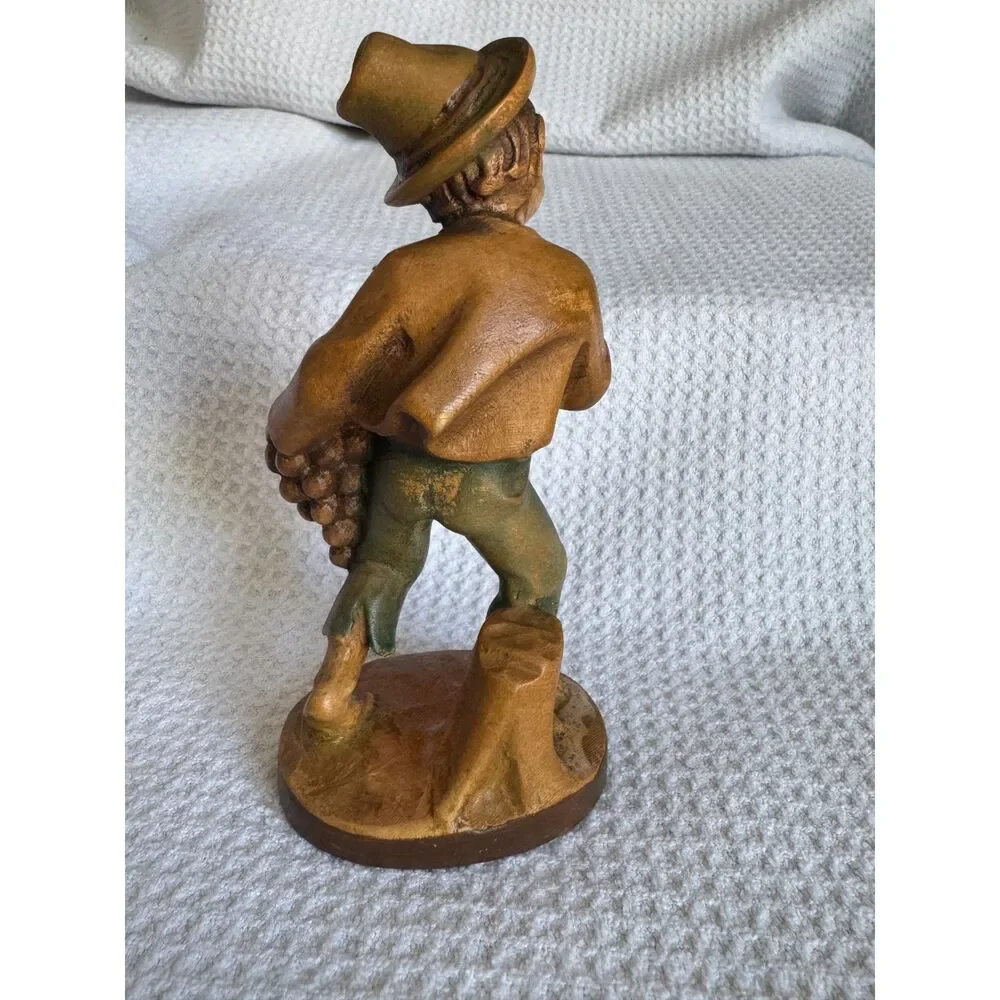A Senoner Tinderla Hand Carved Wood Boy Figurine Grapes Pear Ortisei Italy